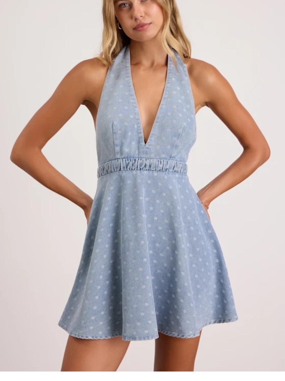 Light Blue Polka Dot Halter Denim Mini Dress